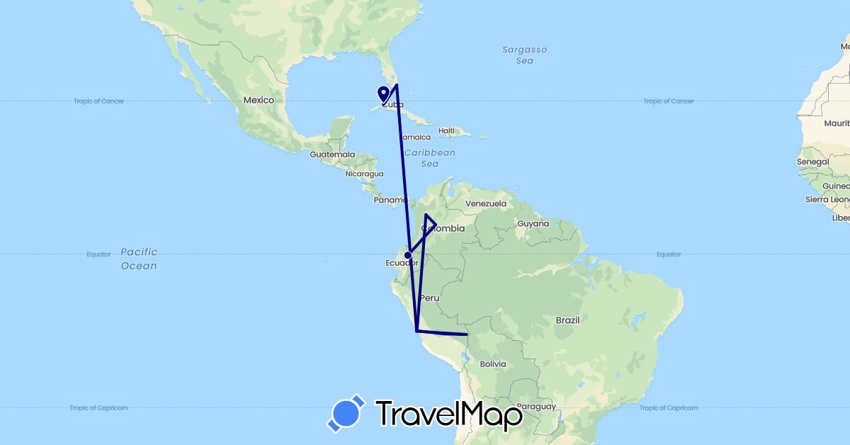 TravelMap itinerary: driving in Colombia, Cuba, Ecuador, Peru, United States (North America, South America)
